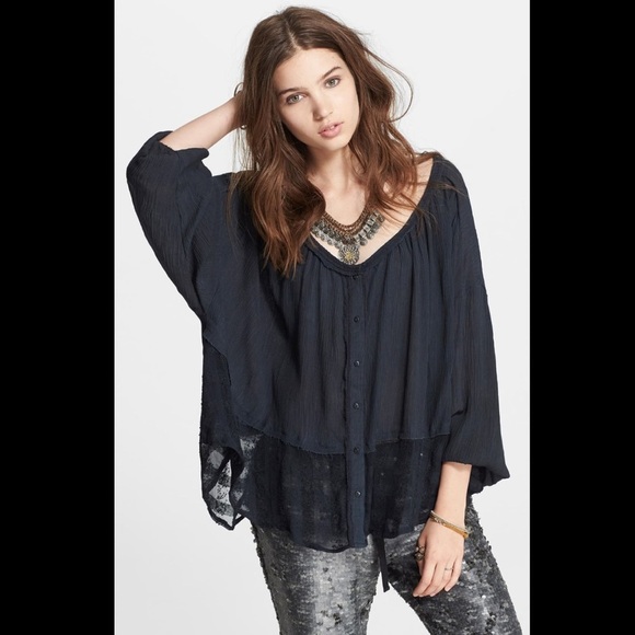 Free people gauzy button up peasant top in washed black. Size M - Picture 1 of 11